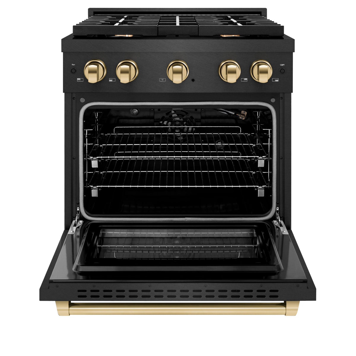 30 in. Wide 4 Burner ZLINE Autograph 4.2 cu. ft. Manual Clean Freestanding Gas Range with Gold Accents - Black Satin Stainless Steel