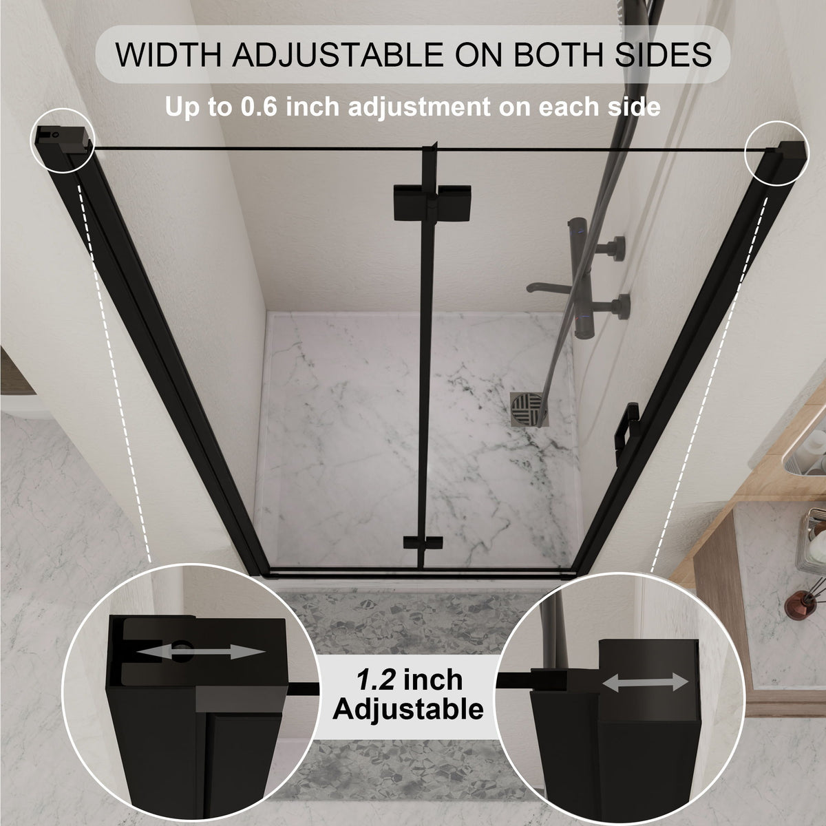 Mampara de ducha plegable pivotante semienmarcada, instalación reversible