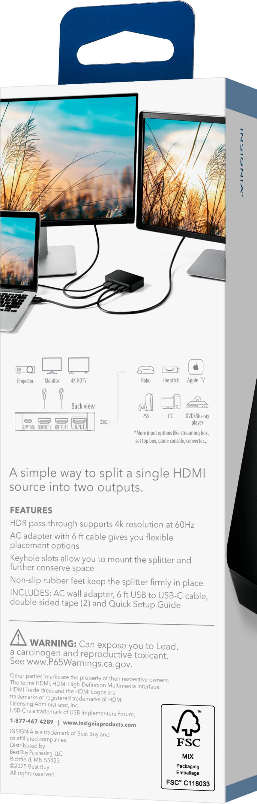 Insignia™ - HDMI 2-Output Splitter with HDR Pass-Through - Black