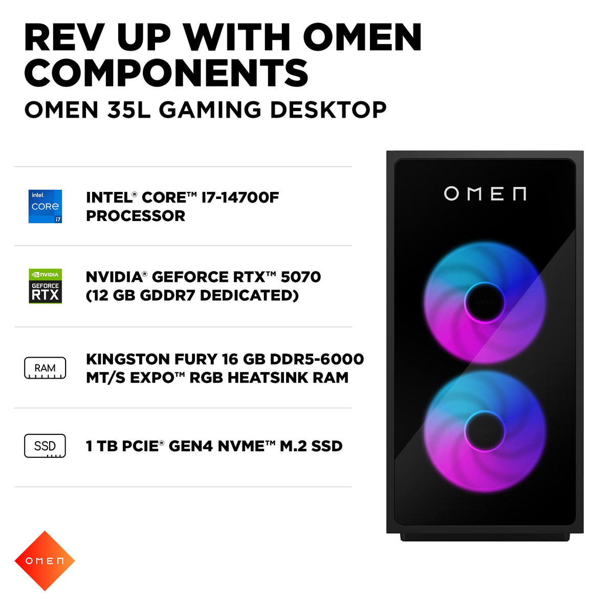 HP OMEN - 35L Gaming Desktop - Intel Core i7-14700F - 16GB DDR5 Memory - NVIDIA GeForce RTX 5070 - 1TB SSD - Shadow Black