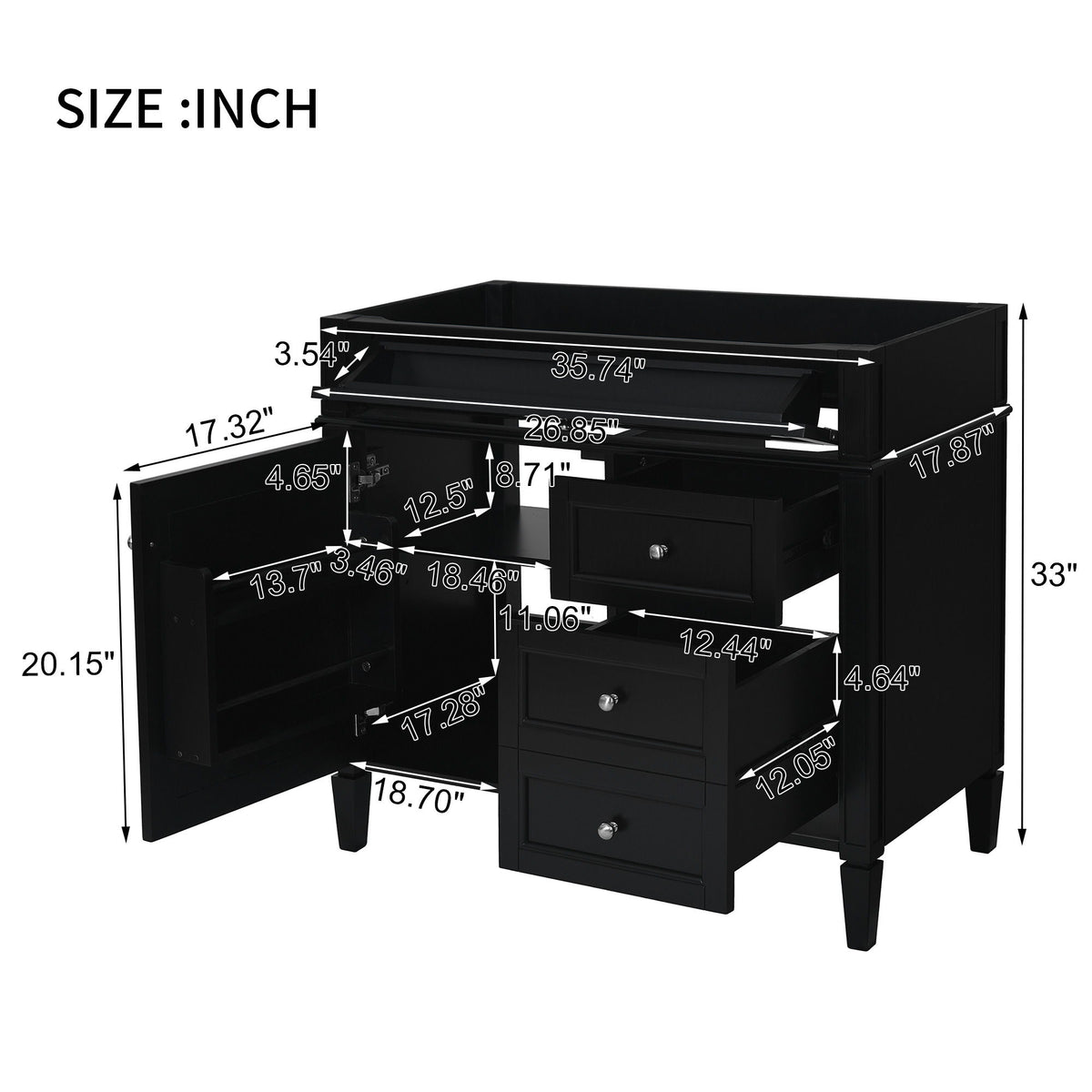 Bathroom Vanity With 2 Drawers And Tip-Out Drawer, Storage Cabinet