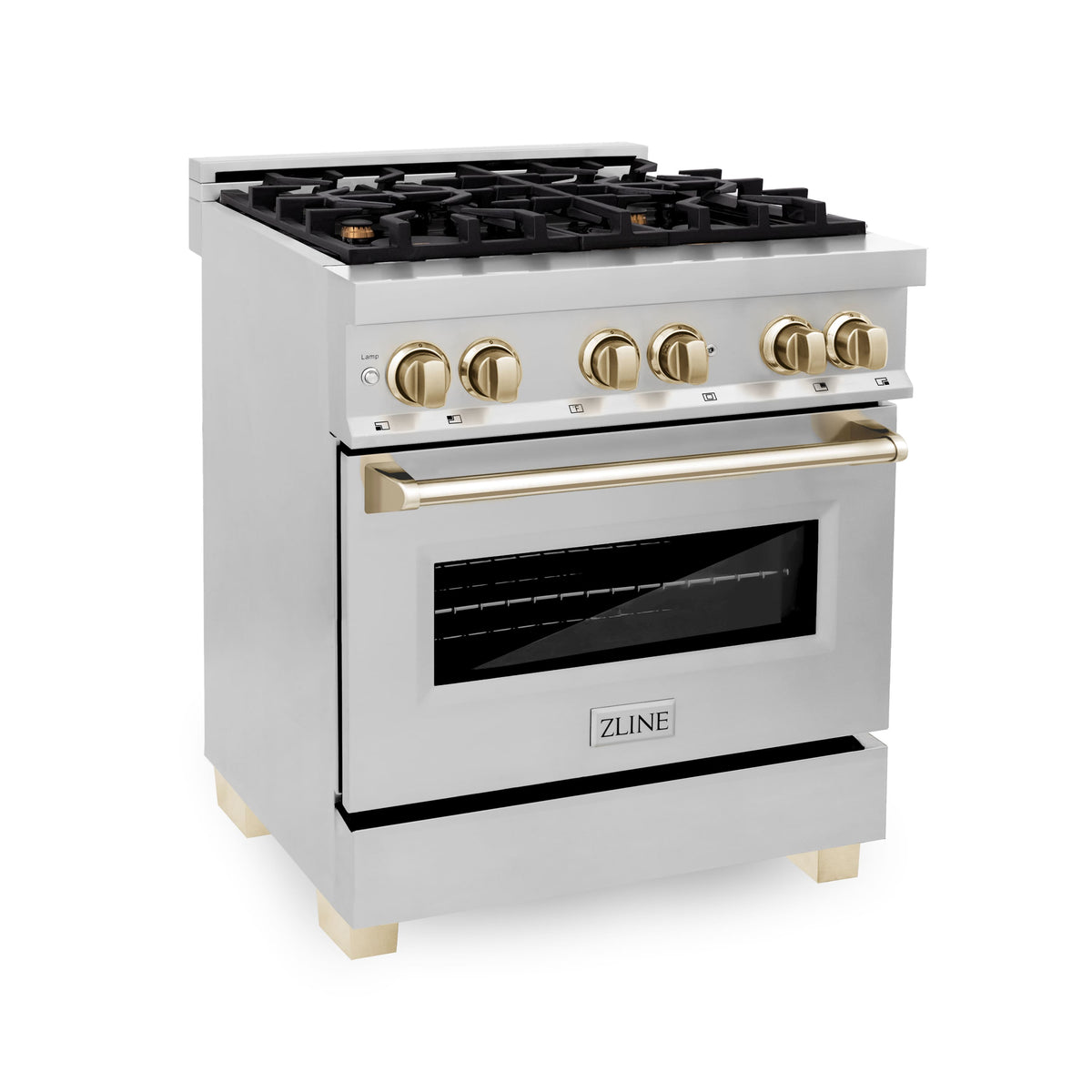 ZLINE - 30 in. Wide 4 Burner Autograph Legacy Dual Fuel Range with Polished Gold Accents (RAZ-30-G) - Stainless Steel/Polished Gold Accents