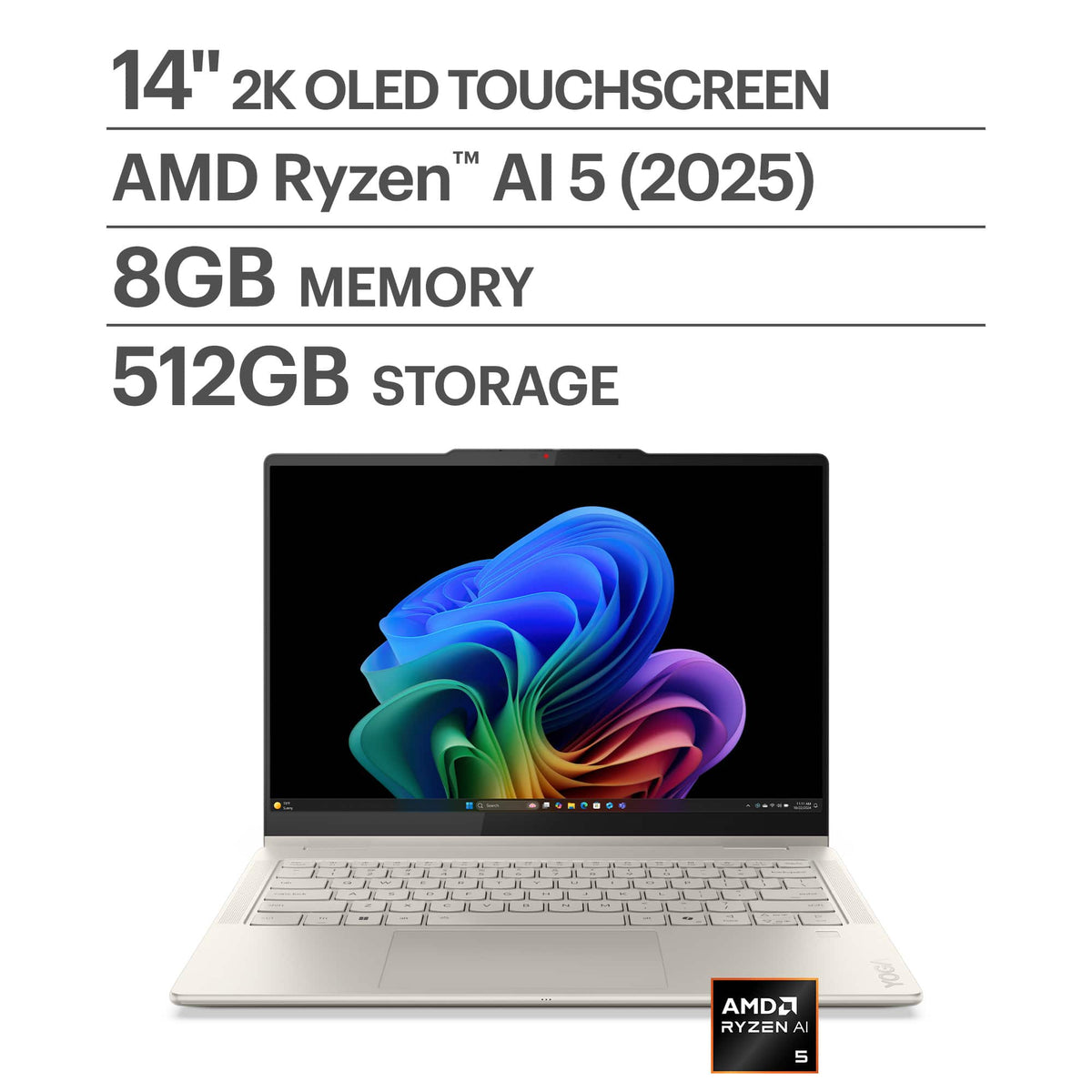 Lenovo - Yoga 7 2-in-1 14" 2K OLED Touchscreen Laptop - AMD Ryzen AI 5 330 2025 - 8GB Memory - 512GB Storage - Copilot+ PC - Seashell