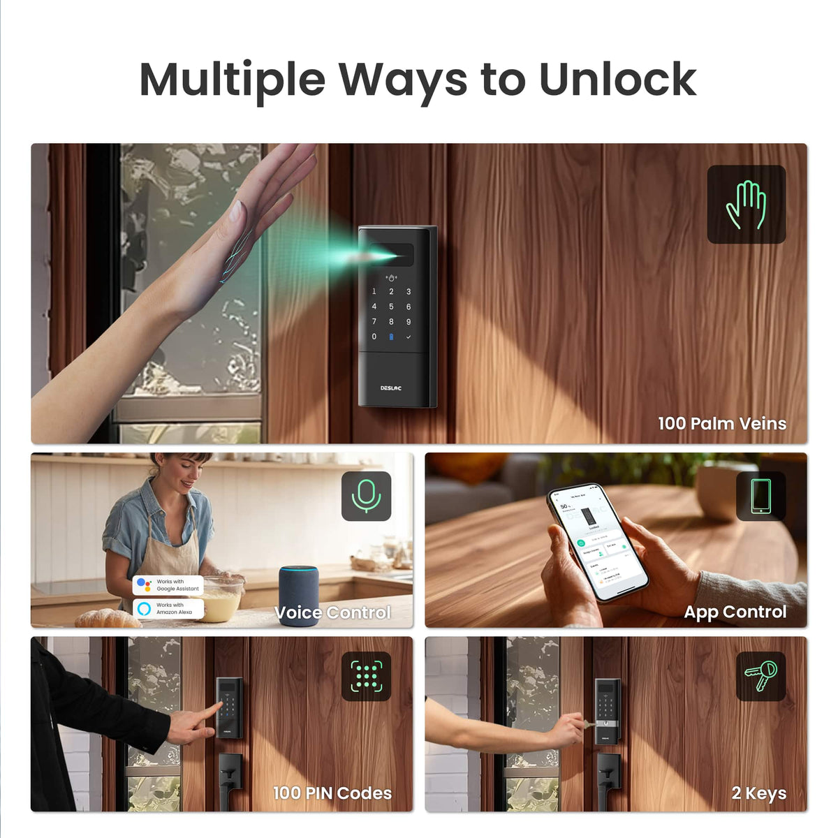 DESLOC - K140 Plus Smart Lock with 10,000mAh Battery Wi-Fi Replacement Deadbolt with Palm Vein Recognition and Auto Lock - Black