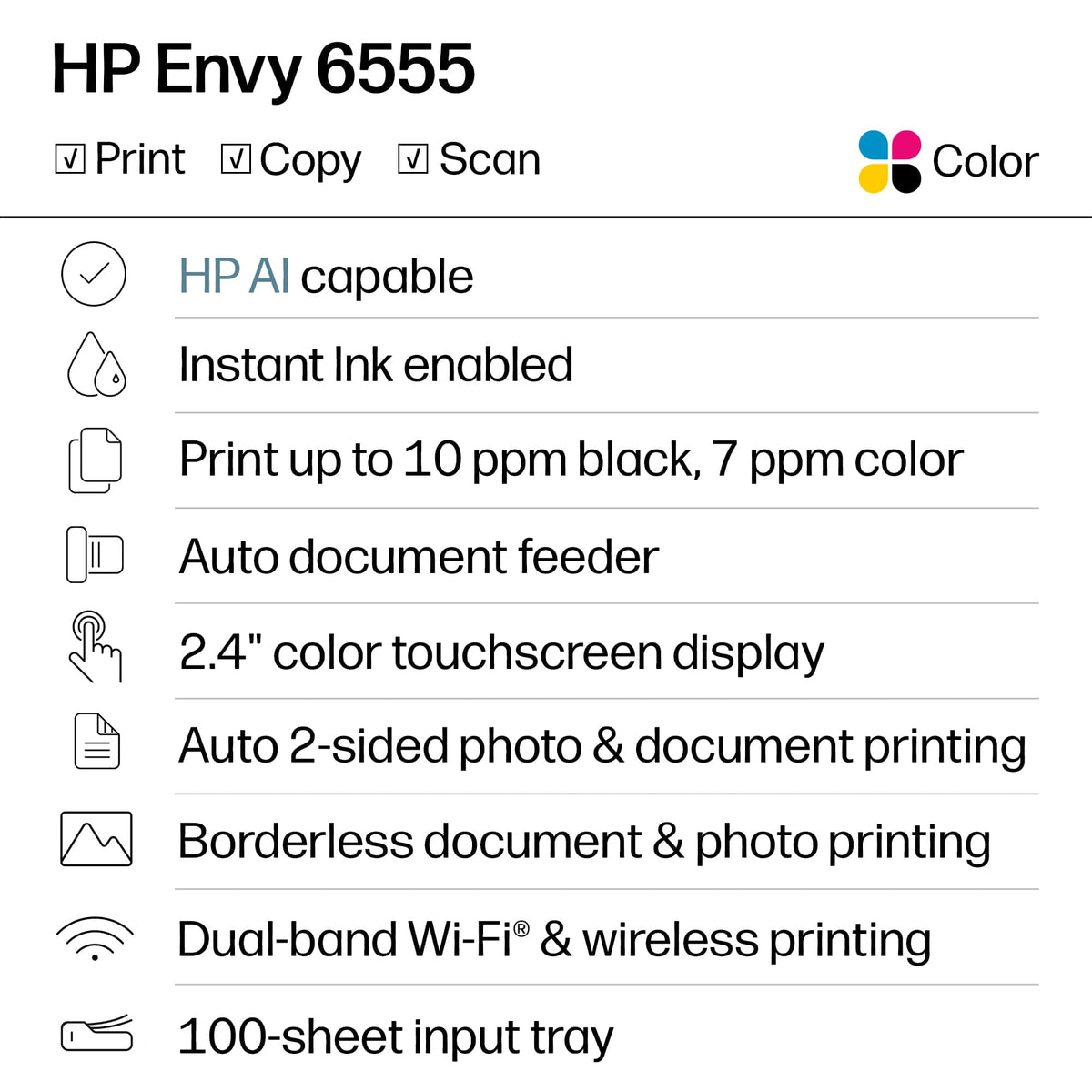 HP - Envy 6555 Wireless AI-Enabled All-in-One Inkjet Printer with 3 Months of Instant Ink - White