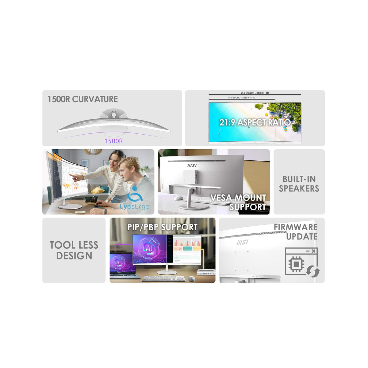 MSI - PRO MP341CQW E12 34" Curved UWQHD 120Hz 1ms VA Business Monitor with Built-in Speakers( (DisplayPort, HDMI ) - White