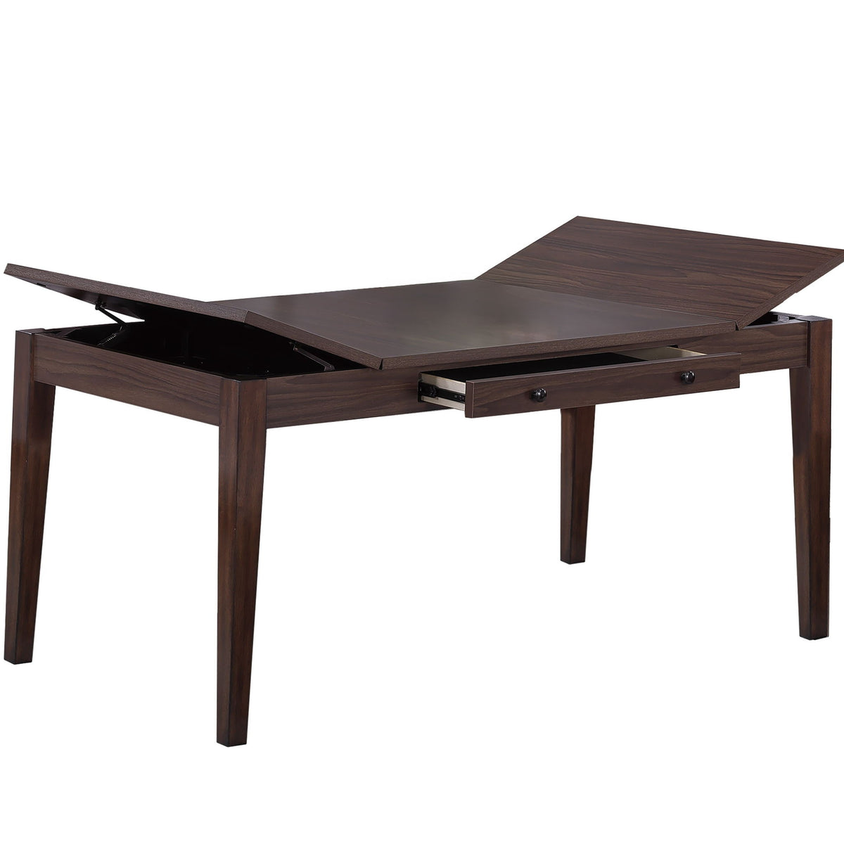 Mesa de comedor con almacenamiento elevable integrado y cajón, mueble rectangular - Nogal