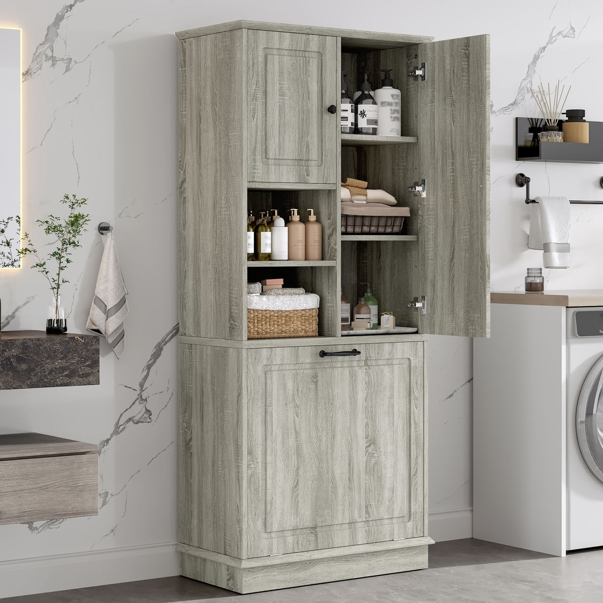 Armario alto moderno con estantes ajustables, cesta extraíble y puertas cerradas
