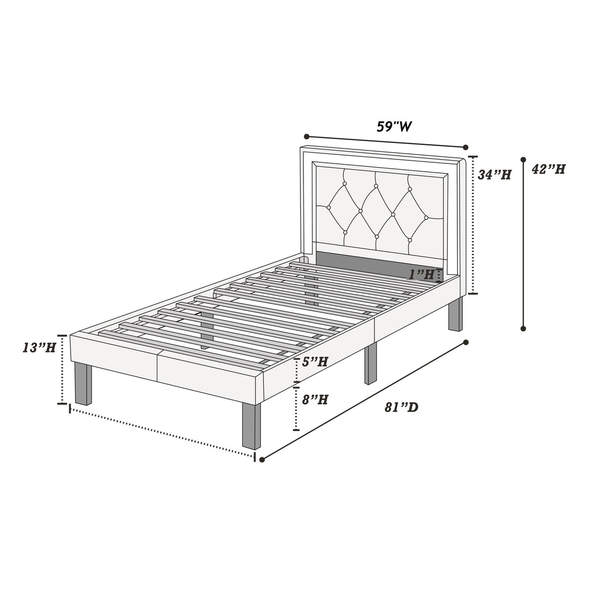 Cama de estilo glamuroso con cabecero acolchado y capitoné de diamantes
