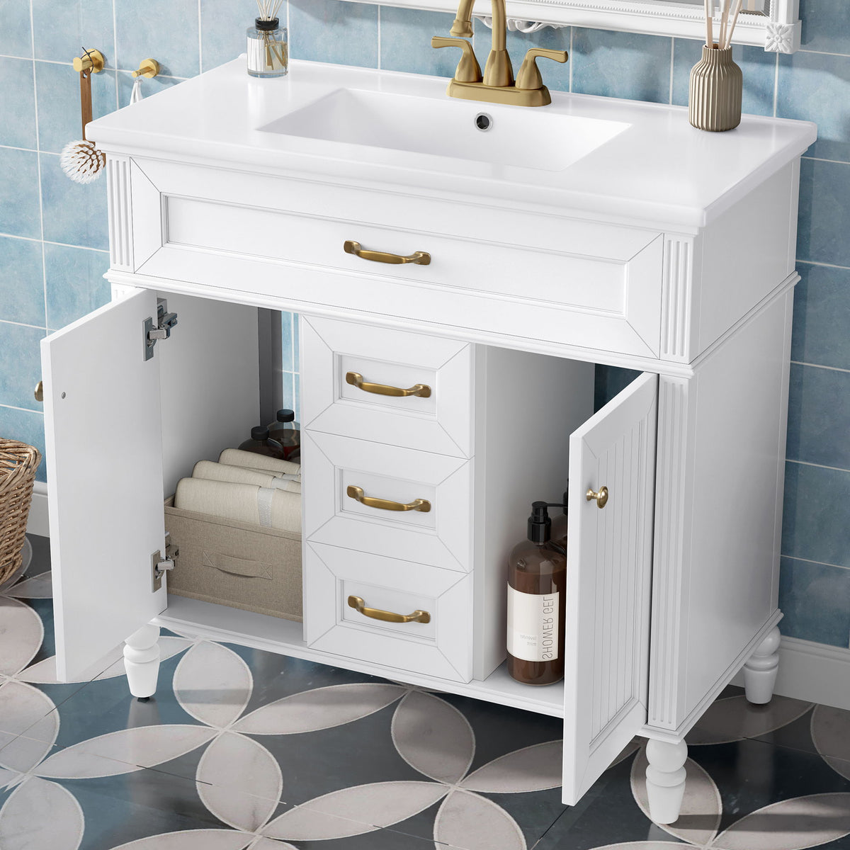 Mueble de baño con lavabo, cajón superior abatible, puertas de cierre suave, 2 cajones de almacenamiento