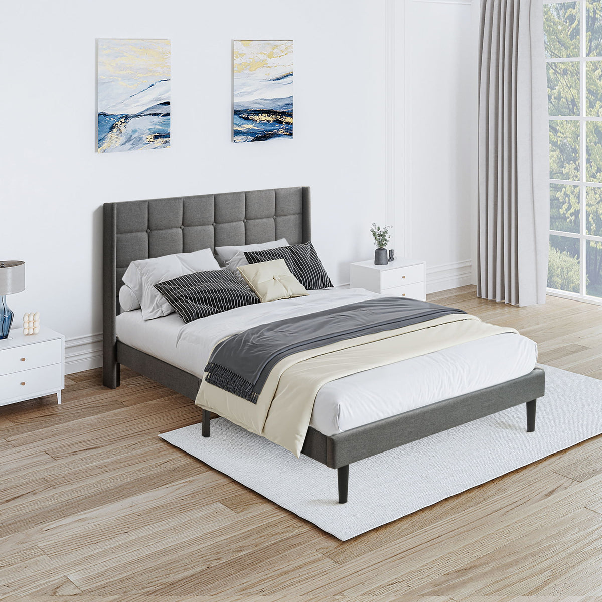 Base de cama tapizada Queen con cabecero de tela de lino con botones capitoné - Gris Oscuro