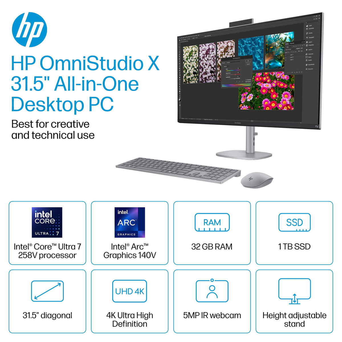 HP - OmniStudio X - Copilot+ PC - 31.5" 4K UHD AiO w/ Adjustable Height - Intel Core Ultra 7 258V '24 - 32GB Memory - 1TB SSD - Meteor Silver
