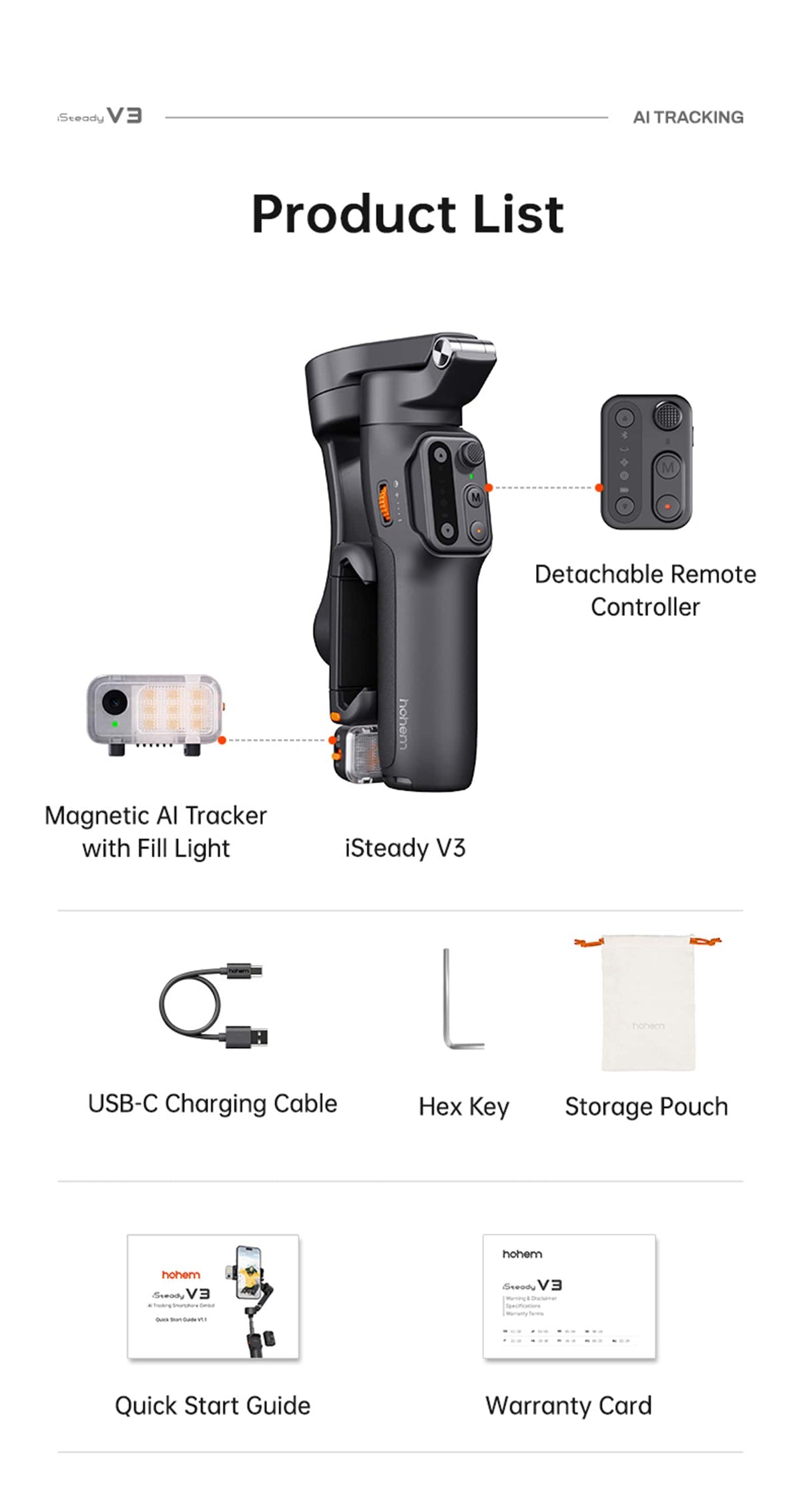 Hohem - iSteady V3 3-Axis Gimbal Stabilizer for Smartphone w/ AI Tracking, Detachable Remote, Extendable Pole, & Magnetic Light - Black