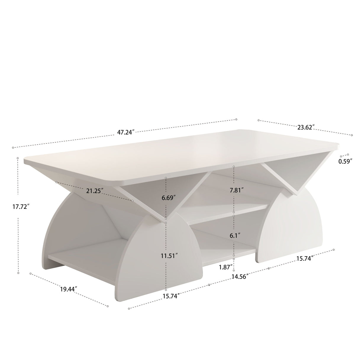 Mesa de centro de diseño geométrico con esquinas redondeadas y estantes abiertos