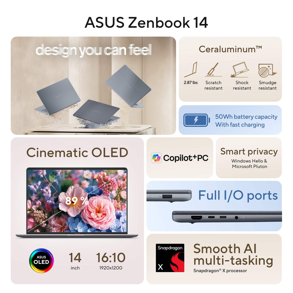 ASUS - Zenbook 14 14" OLED Laptop - Snapdragon X (2026) - 16GB Memory - 256GB Storage - Arctic Blue
