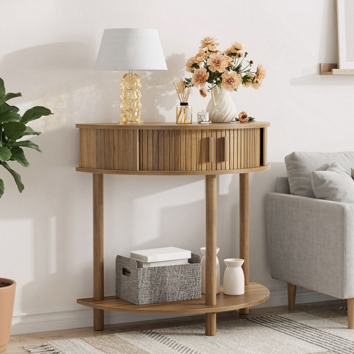 Mesa Consola Media Luna para Sala de Estar - Nogal