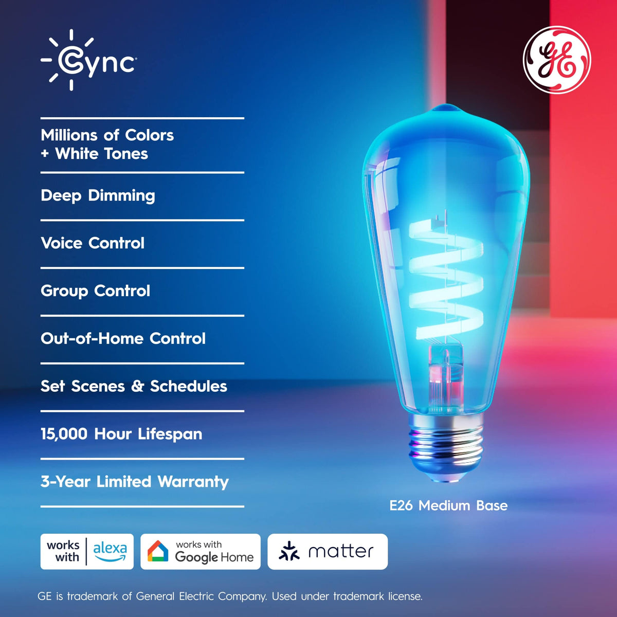 GE - Cync ST19 Smart LED Bulb Matter Compatible - Color Changing - Full Color