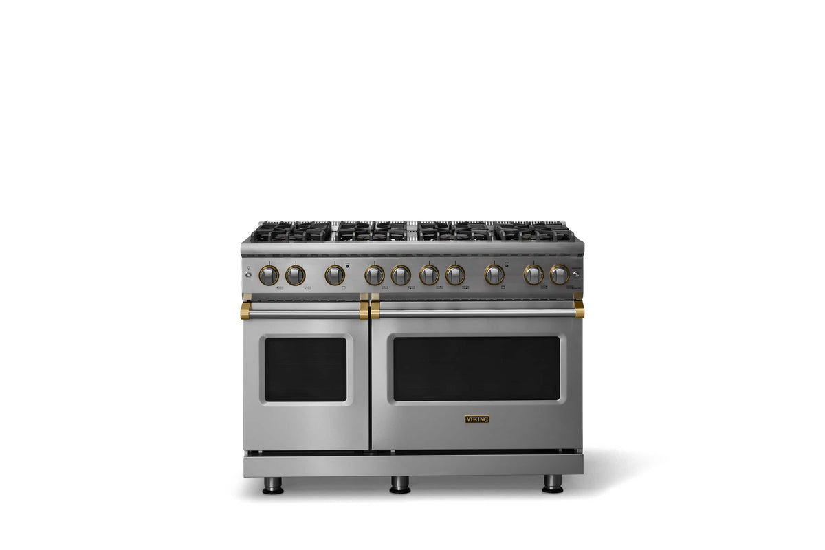 Viking - 48"W. 6.1 Cu.Ft. Freestanding Manual Clean Sealed 8B LP Gas Convection Range/Double Oven-Stainless Steel/Brushed Brass - Stainless Steel