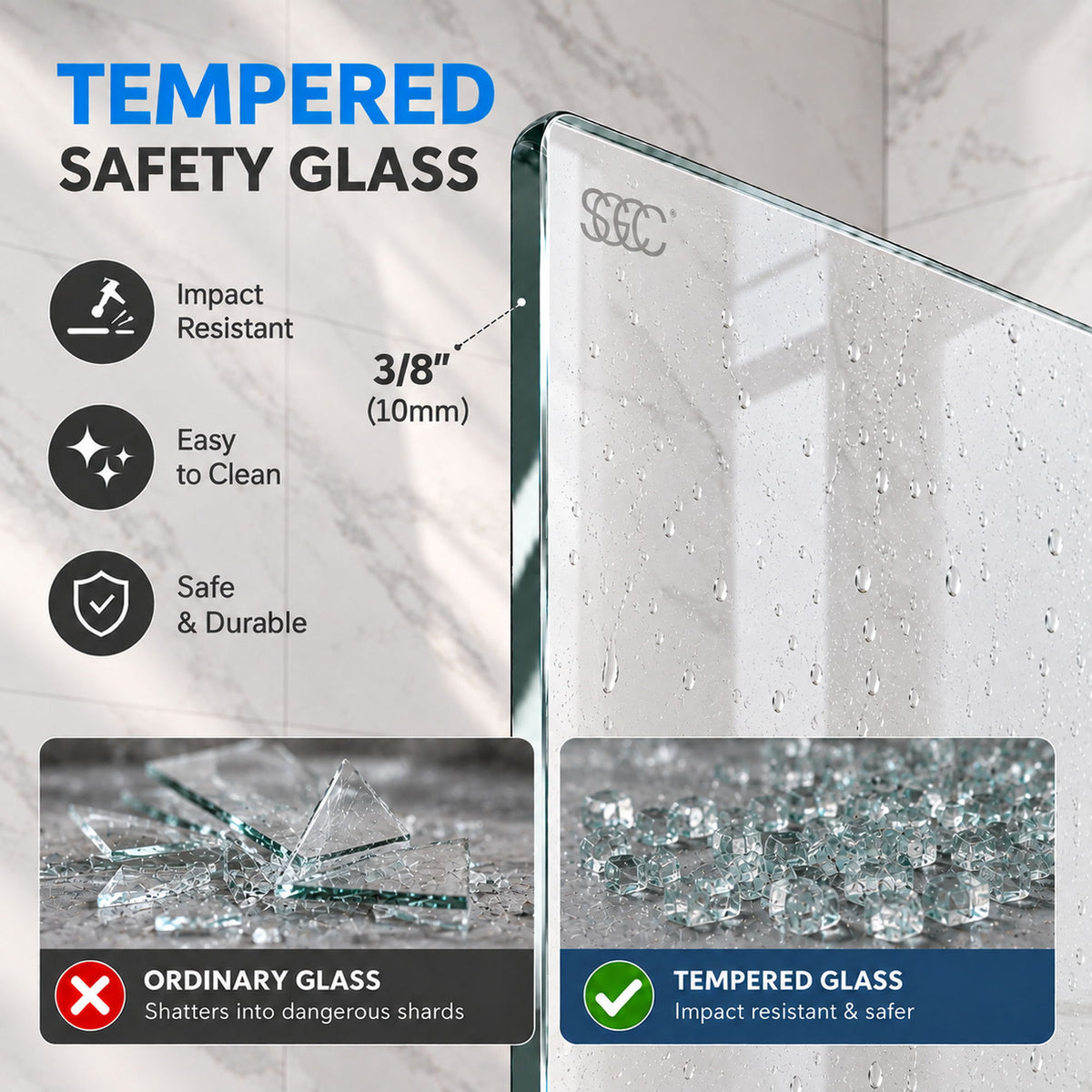 Frameless Bathtub Shower Screen, Reversible Installation