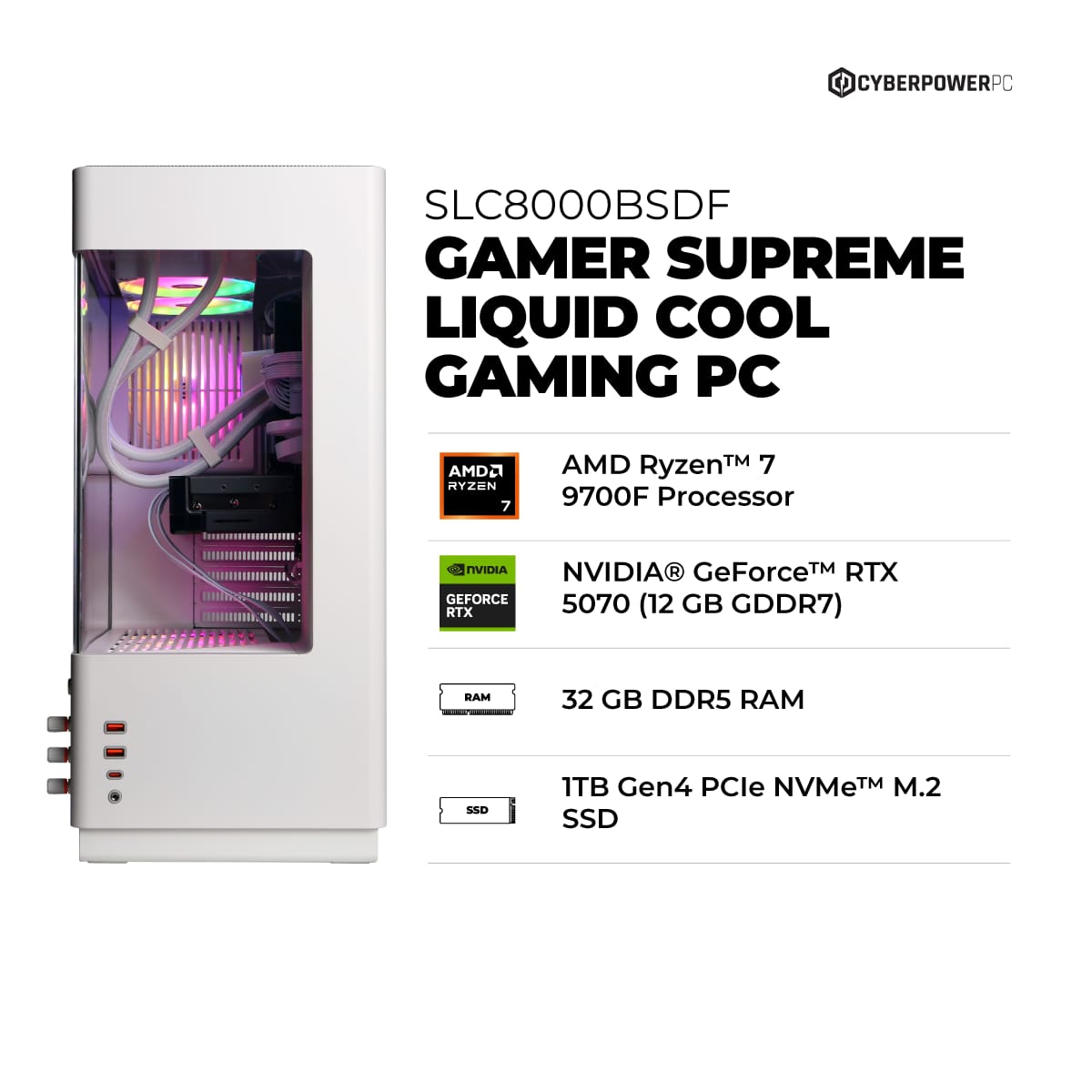 CyberPowerPC - Gaming Desktop - AMD Ryzen 7 9700F - NVIDIA GeForce RTX 5070 12GB - 32GB DDR5 - 1TB PCIe 4.0 SSD Storage - White