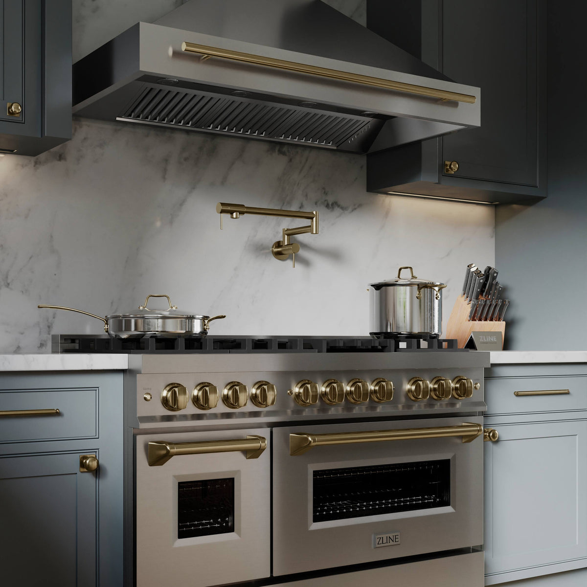ZLINE - 48 in. Wide 8 Burner Autograph 6.0 cu. ft. Legacy Freestanding Dual Fuel Range with Convection Oven w/ Bronze Accents - Stainless Steel