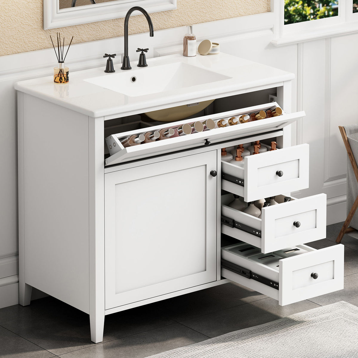 Tocador de baño con lavabo, mueble con 3 cajones y estante ajustable