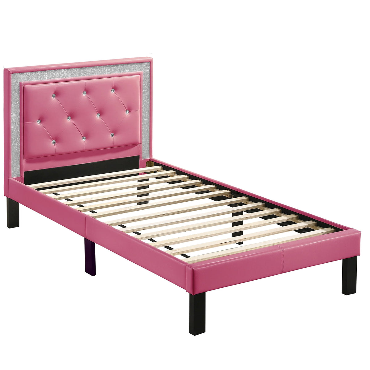 Cama de estilo glamuroso con cabecero acolchado y capitoné de diamantes