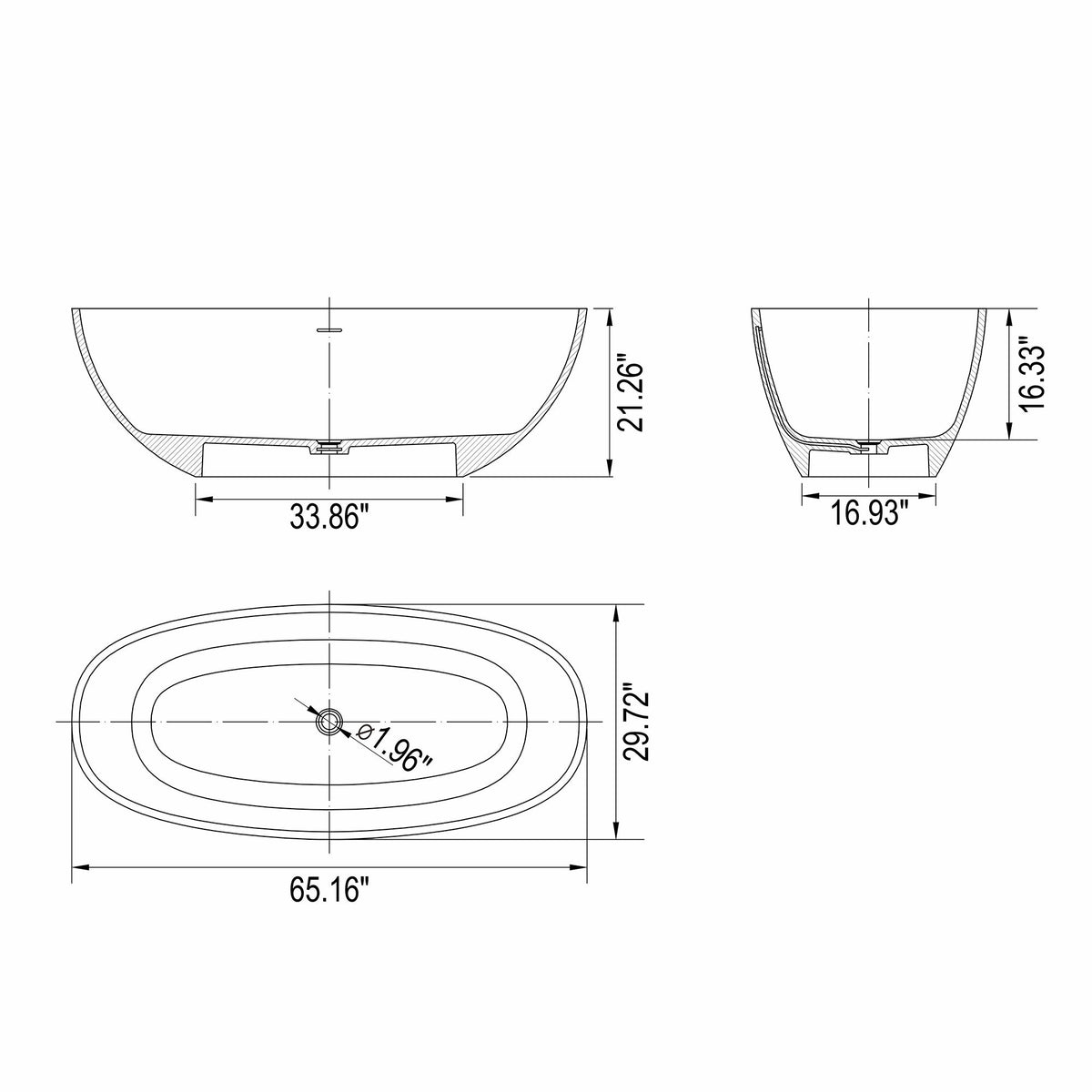 Bañera exenta de superficie sólida para baño de 165 cm - Blanca mate