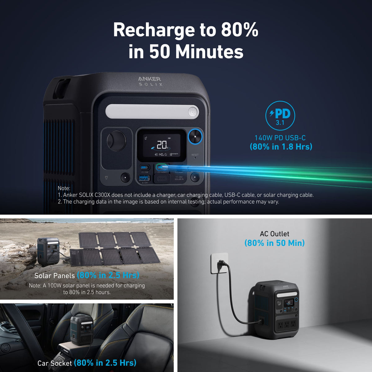 Anker - SOLIX C300X Portable Power Station 288Wh(90,000mAh)/Peak 600W Backup Battery Generator for Camping,Travel&Emergencies (288 Wh Capacity) - Black