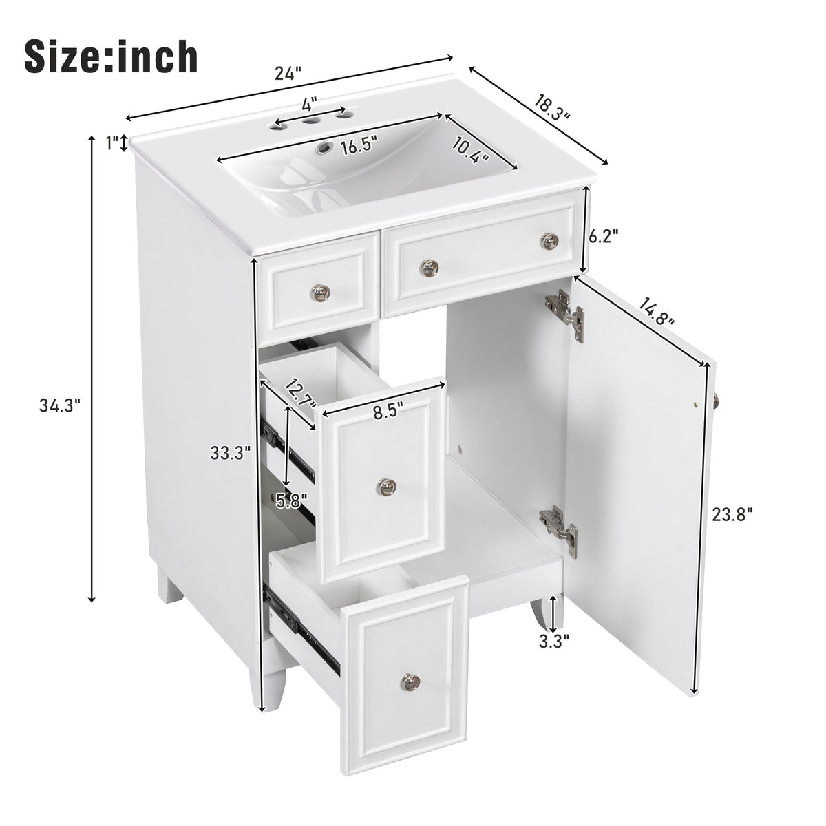 Transitional Style Bathroom Vanity Cabinet With Ceramic Sink