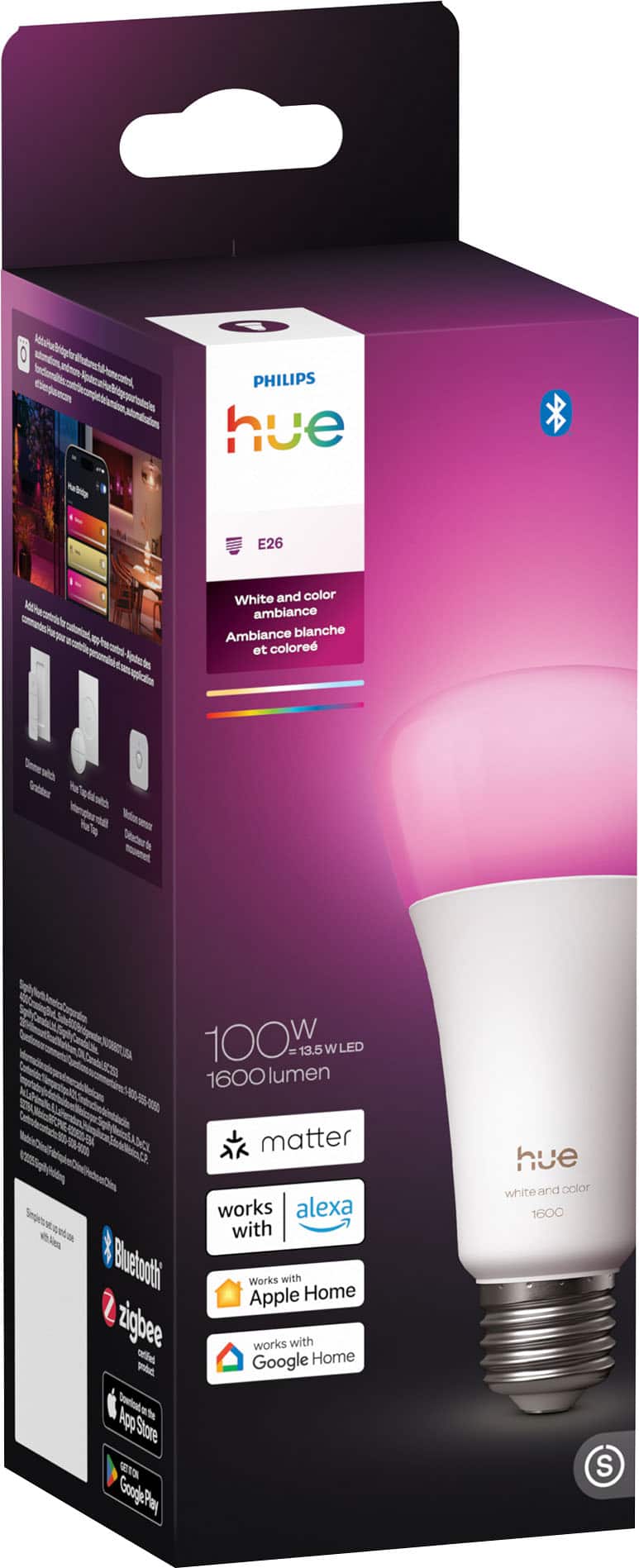 Philips - Hue A21 Bluetooth 100W Smart LED Bulb - White and Color Ambiance