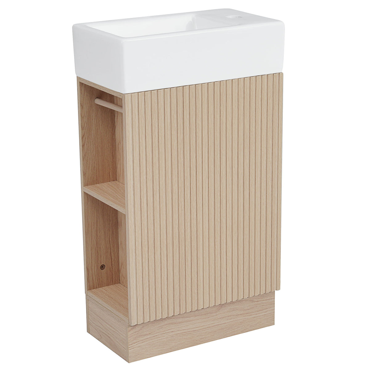 Tocador de baño moderno con lavabo y estante de 2 niveles