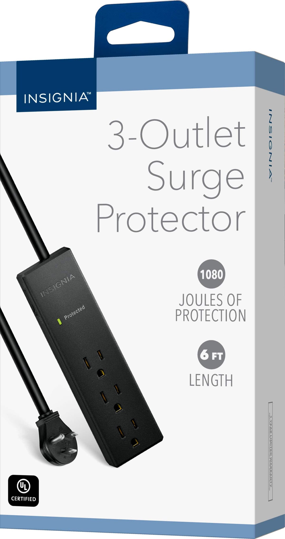 Insignia™ - Surge Protector for Home/Office with 3 AC Outlets, 6-foot cord, and 1080 joules of surge protection - Black