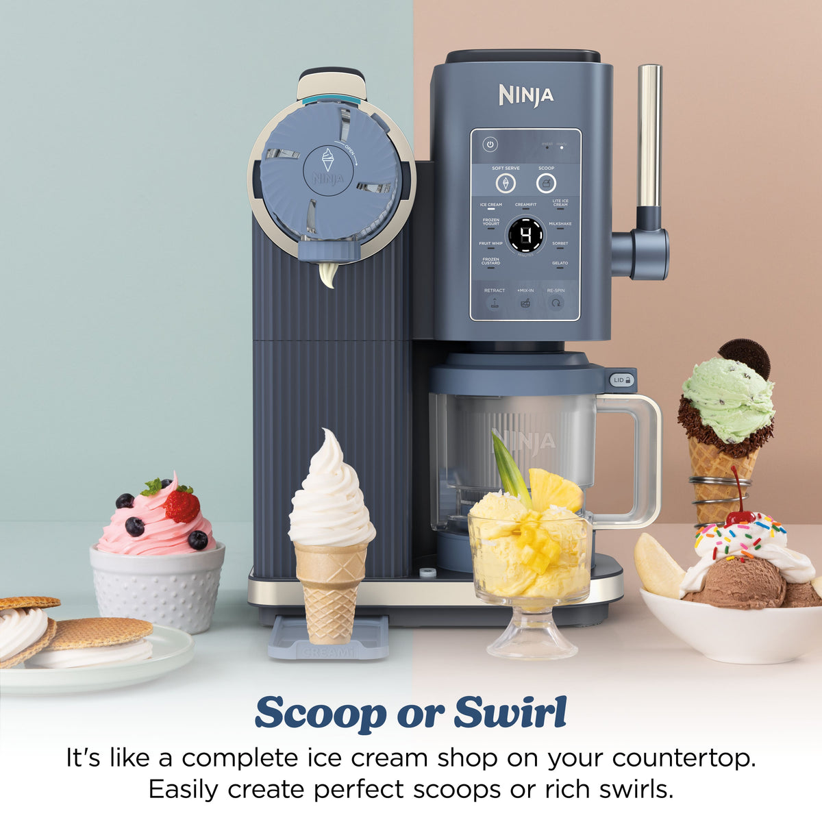 Ninja - CREAMi Scoop & Swirl Ice Cream & Soft Serve Maker, 13 One-Touch Programs - Navy