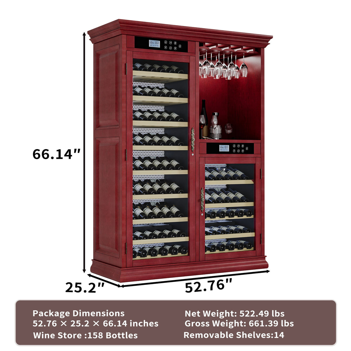 Enfriador de vino con control de temperatura de doble zona, puerta con aislamiento al vacío, iluminación LED, capacidad para 158 botellas - Cerezo
