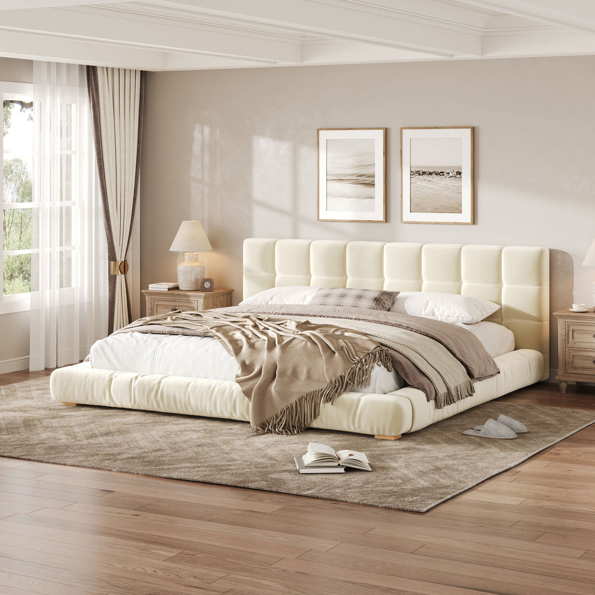 Base de cama tapizada con cabecero capitoné