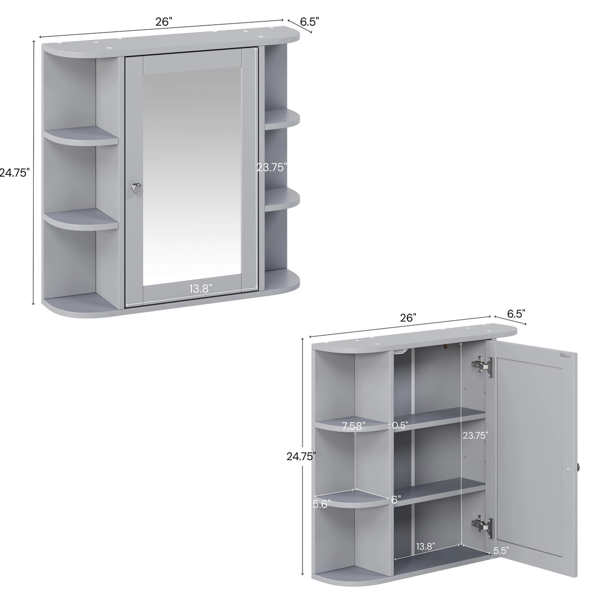 Armario de pared para baño con espejo y estante ajustable, 6 estantes abiertos