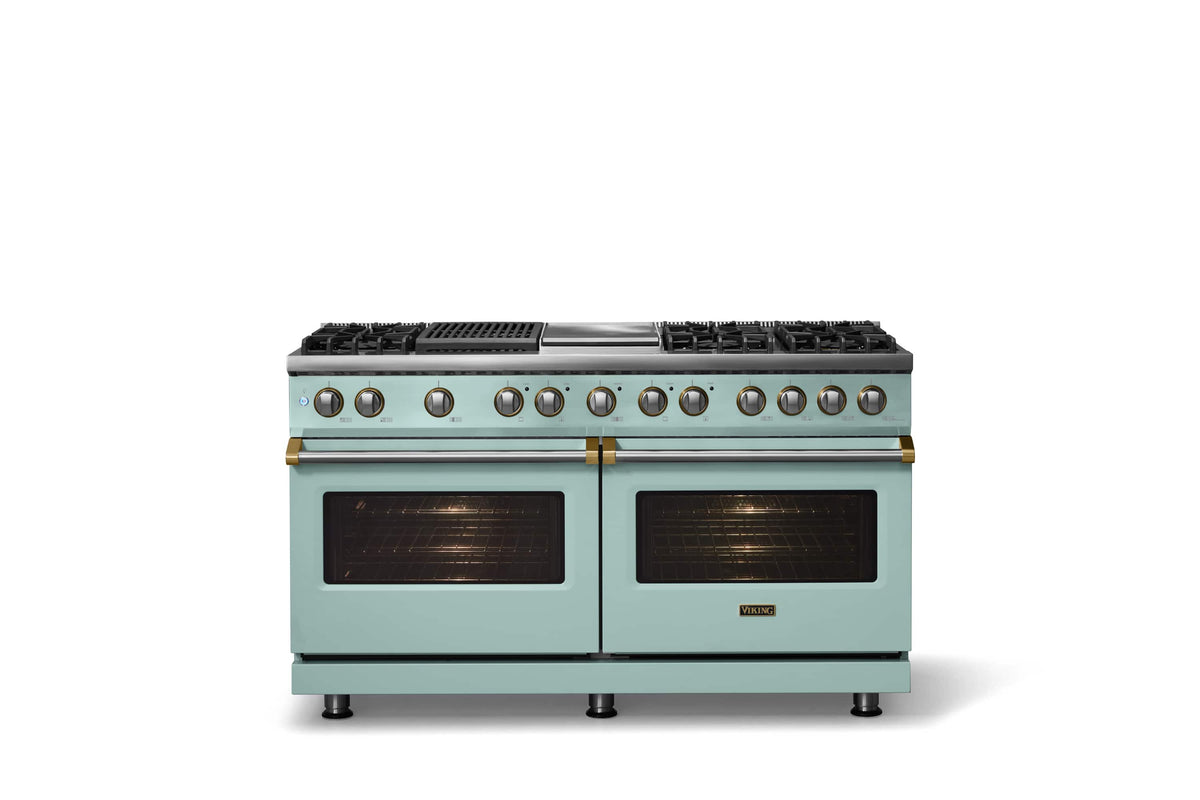 Viking - 60"W. 8 Burner Pro 5 Series 9.4 Cu. Ft. Freestanding Sealed LP Dual Fuel ConvectionRange with Brushed Brass Trim - Splash