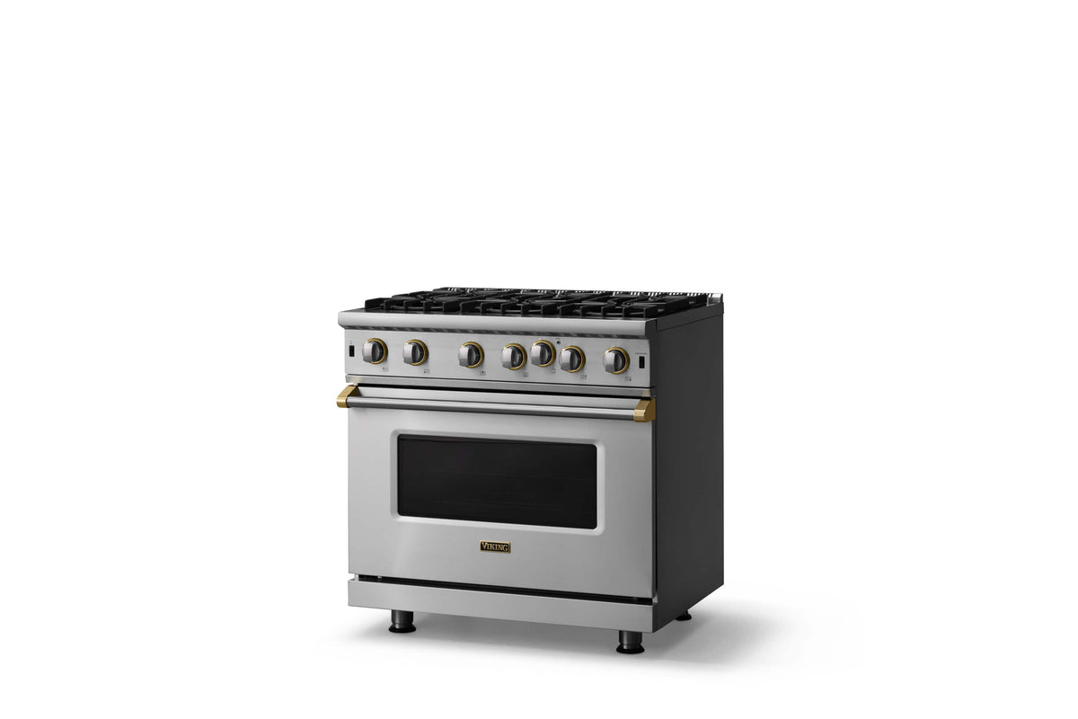 Viking - 30"W. 5.1 Cu. Ft. Freestanding Manual Clean Open Burner LP Gas Convection Range-Stainless Steel w. Brushed Brass Trim - Stainless Steel