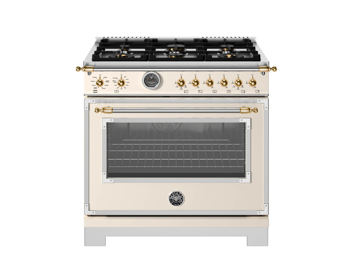 Bertazzoni - 36" Heritage Series Dual Fuel Range - Avorio/Gold - Ivory
