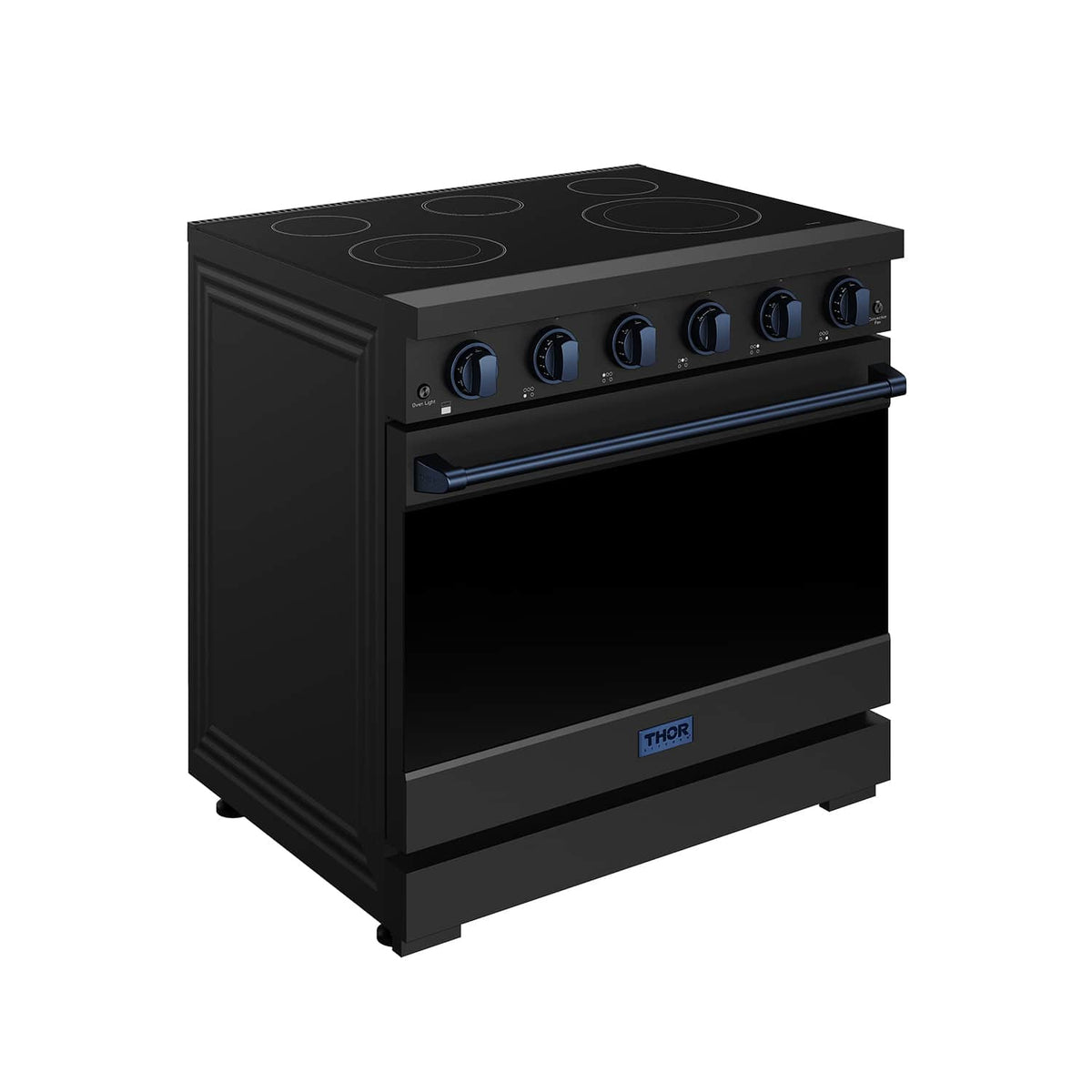 36 in. Wide 5 Elements Gordon Ramsay Series by Thor Kitchen 6.0 Cu.Ft Freestanding Electric Range with Navy Blue Handles - Black