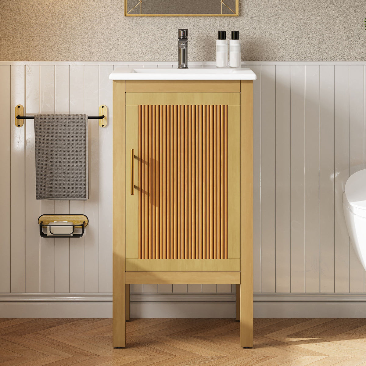 Mueble de Baño con Lavabo, Estante Ajustable, Bisagras de Cierre Suave - Madera Natural