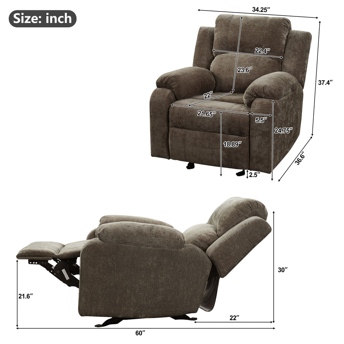 Sillón reclinable manual tapizado con 3 posiciones de respaldo ajustables