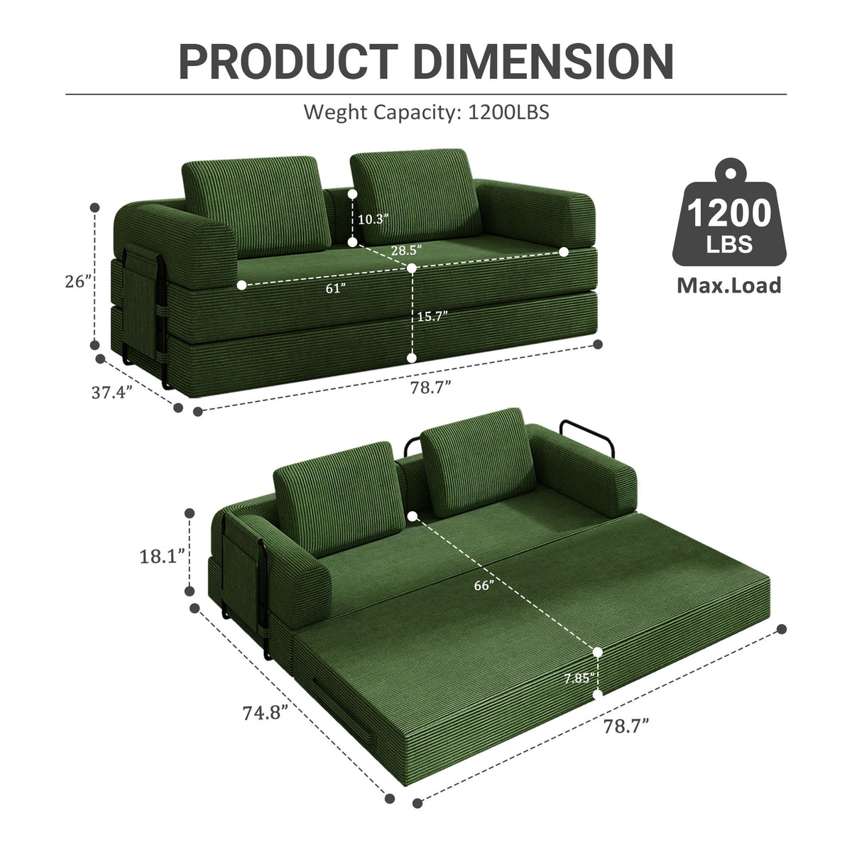 Convertible Sleeper Sofa Bed With Cylindrical Pillow, Fixed Shape Frame
