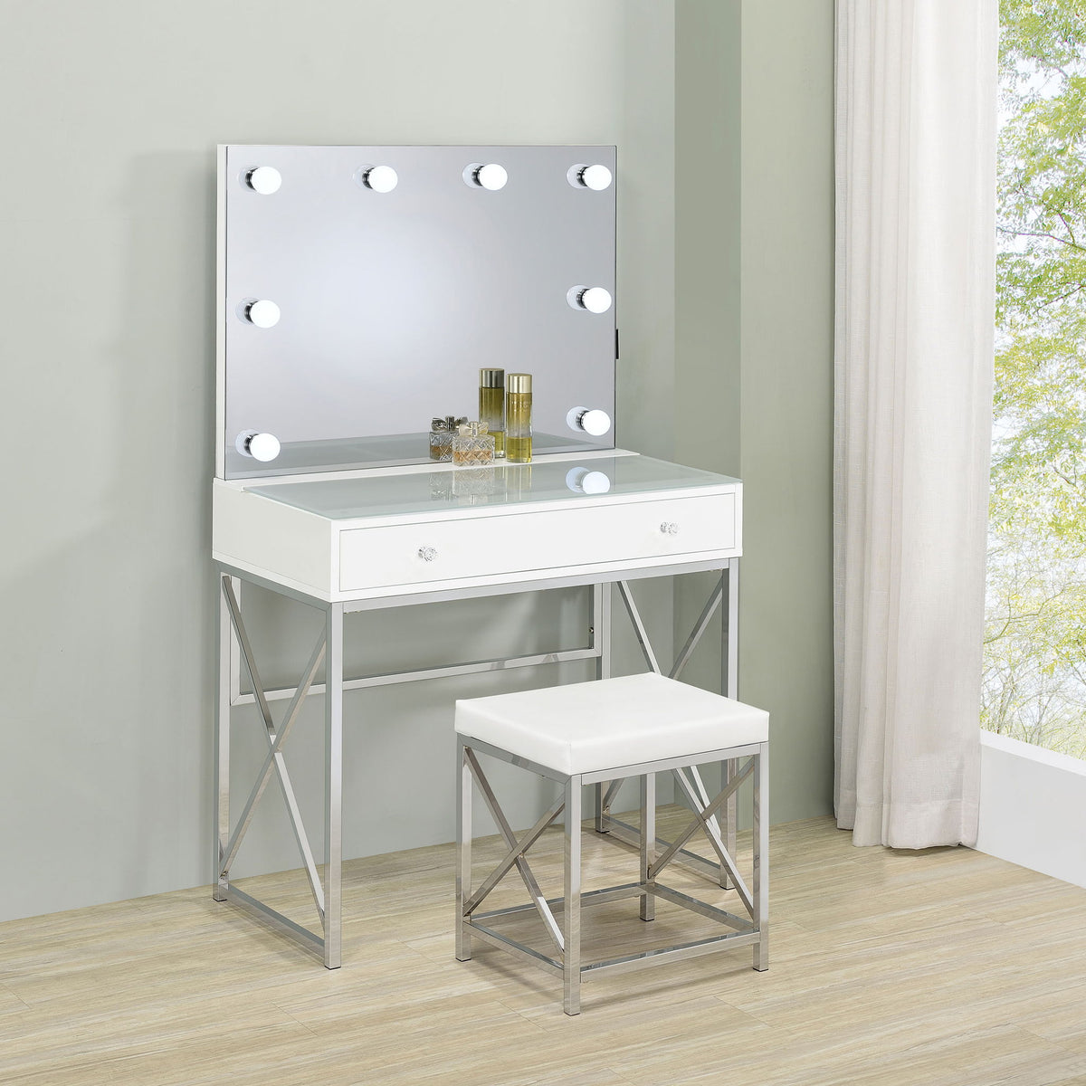 Hamlin - Tocador de maquillaje con espejo iluminado y taburete acolchado - Blanco