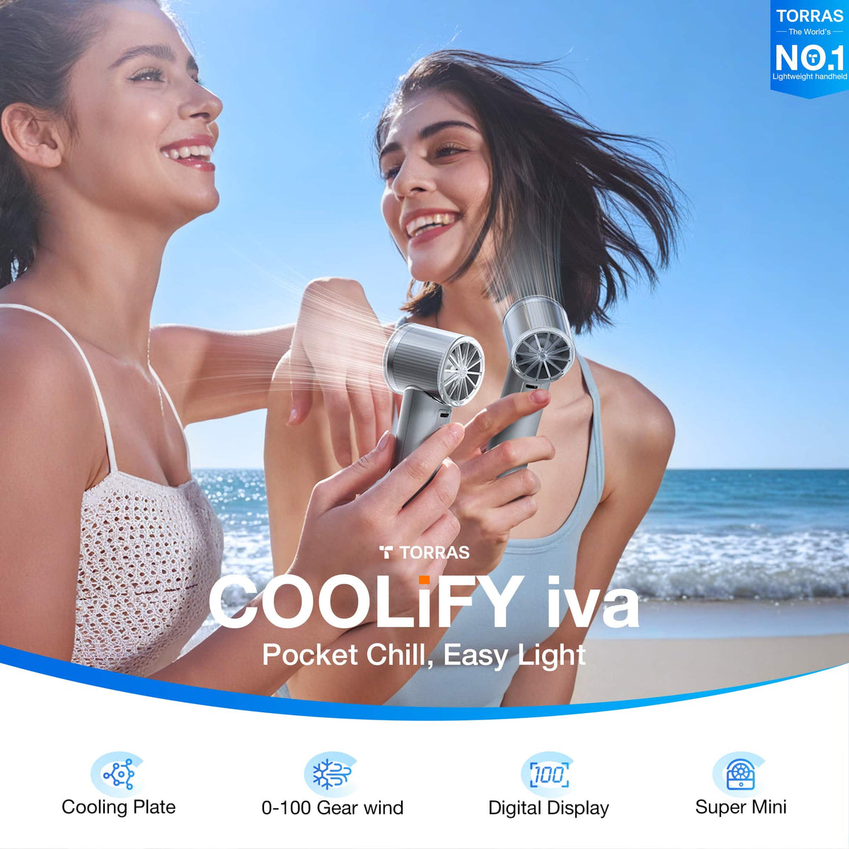 TORRAS - COOLiFY iva Handheld Portable Fan with Ice Cooler, 4900mAh Rechargeable Powerful, Mini Small Hand & Pocket Fan - Charcoal