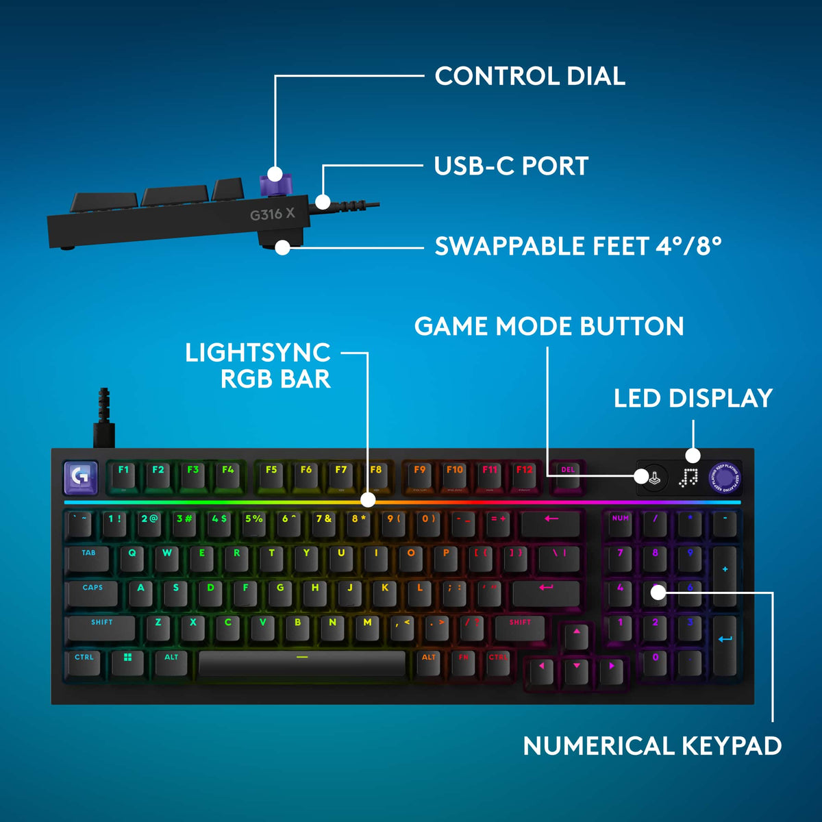 Logitech - G316 X 98 Gaming Wired RGB LIGHTSYNC Keyboard with Hot-Swappable Tactile Switches and Gasket Structure for PC - Black