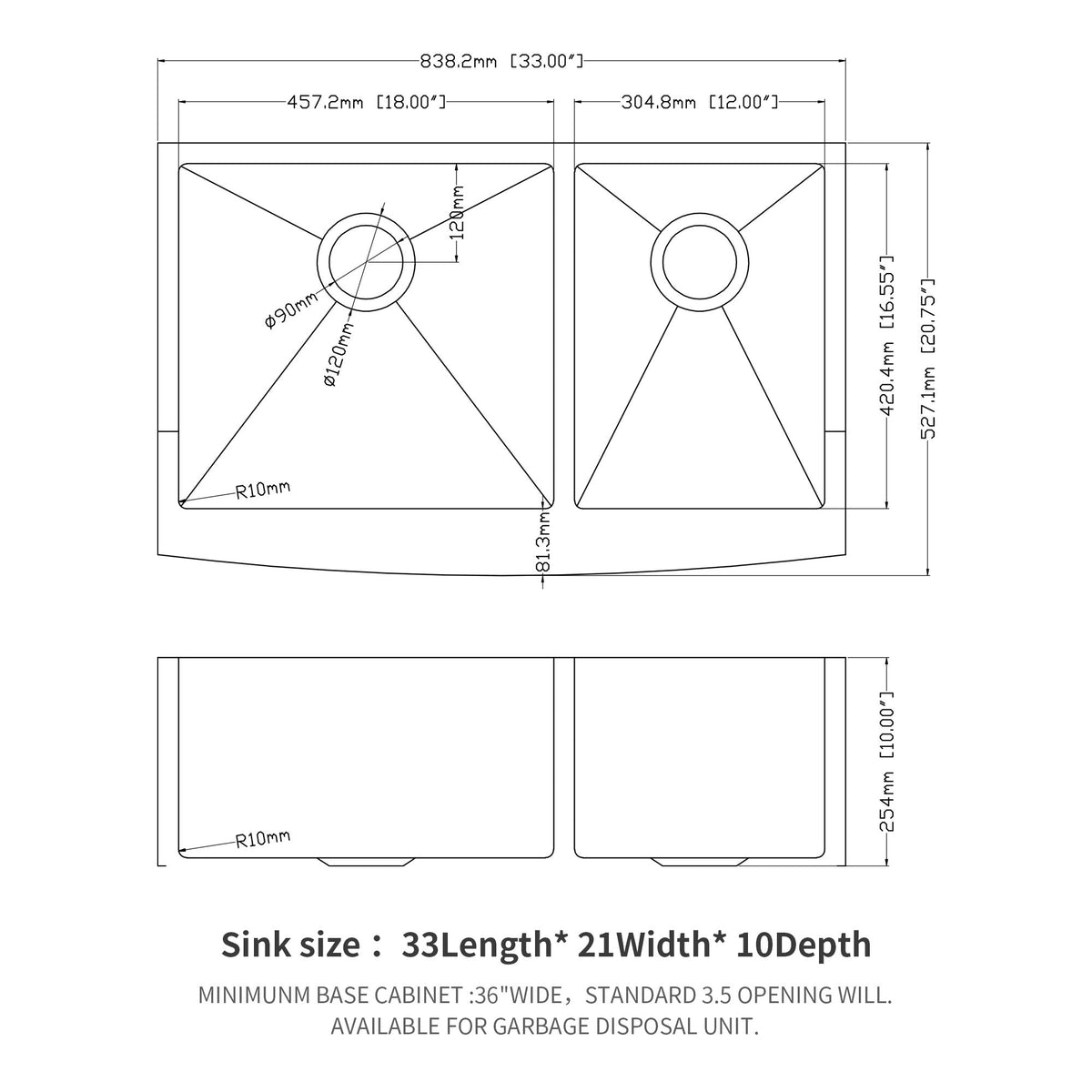 Double Bowl Sink 60 / 40 Split Apron Front Kitchen Sink In 16 Gauge With 2 10" Deep Basins 33" X21" X10" - Brushed Nickel