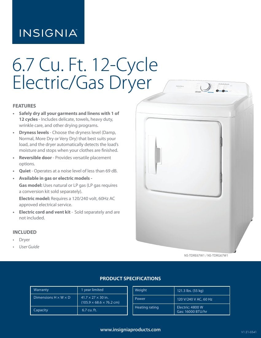 Insignia™ - 6.7 Cu. Ft. Electric Dryer with Sensor Dry - White