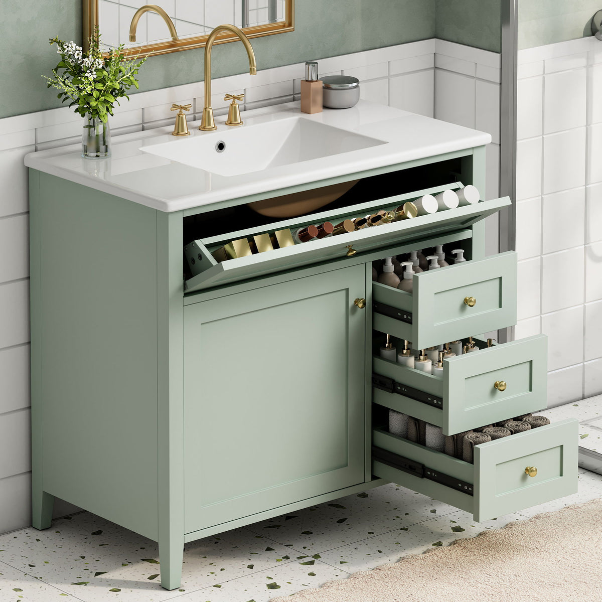 Tocador de baño con lavabo, mueble con 3 cajones y estante ajustable
